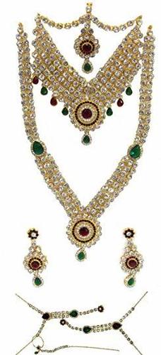 Maroon Green Stone Drop Bridal Necklace Set - Alloy Material, Free Size, Maroon Green Color | Elegant Design with Long Length, Mangtika & Hath Panja Included