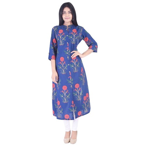 Ladies Designer Kurti - 100% Cotton, Sizes S-XXL, Blue Color | Features 3/4th Sleeves, Breathable, Eco-Friendly, Perfect for Summer Wear