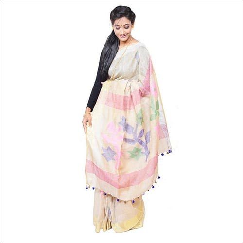 Linen Jamdani Saree - Handwoven Excellence, Chikoo Color with Intricate Thread Work