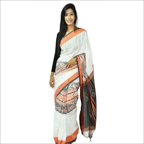 Orange Fish Motif Cotton Saree