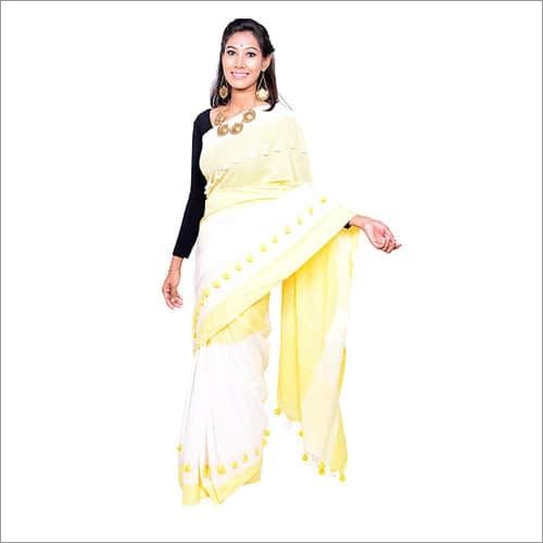 White Pure Handloom Saree - Khadi Cotton, Yellow Color | Handloom Design with Woven Pattern and Intricate Thread Work