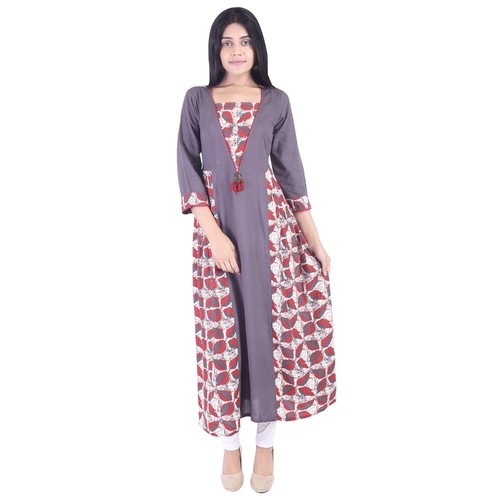 Ladies Designer Pure Rayon Kurti - 3/4th Sleeves, Gray Color | Breathable, Soft Feel, Eco-Friendly Fabric, Perfect for Casual and Daily Wear