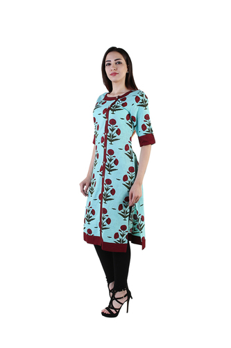 Ladies Fancy Printed Kurti - 100% Cotton, Sizes S-XXL, Color Green | Eco-Friendly, 3/4th Sleeves, Perfect For Summer Casual Wear