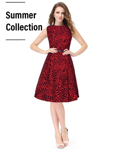 Crepe Ladies Sleeve Less Party Wear Printed Western Dress