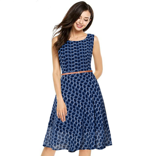 Sleeveless Blue Color Printed Girls Western Dress