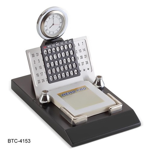 Metal Calendar with Clock and Memo Pad - Rectangular Grey and White Design | Stylish Desktop Organizer with Timekeeping Function