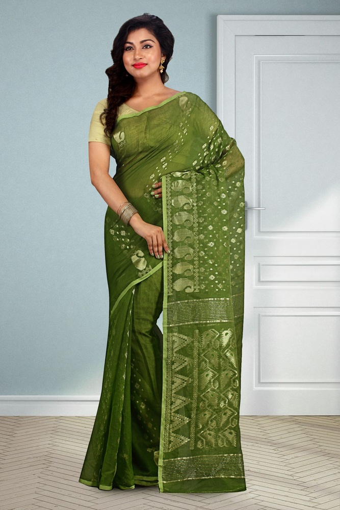 Dhakai Jamdani Sari - 5.5 Meters, Cotton Fabric, Green Color, Handloom Zari Work