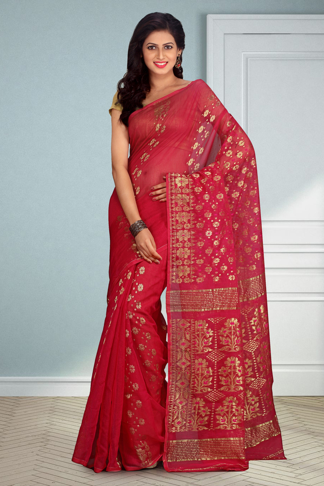 Red Buymyethnic Embroidered Jamdani Handloom Silk Cotton Blend Saree (Red)