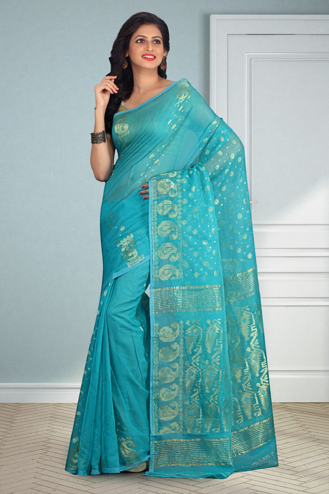 Blue Buymyethnic Embroidered Jamdani Handloom Silk Cotton Blend Saree (Blue)