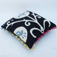 Indian Pom Pom Embroidery Pillow Cases 16x16 Suzani Cushion Covers TAPESTRY