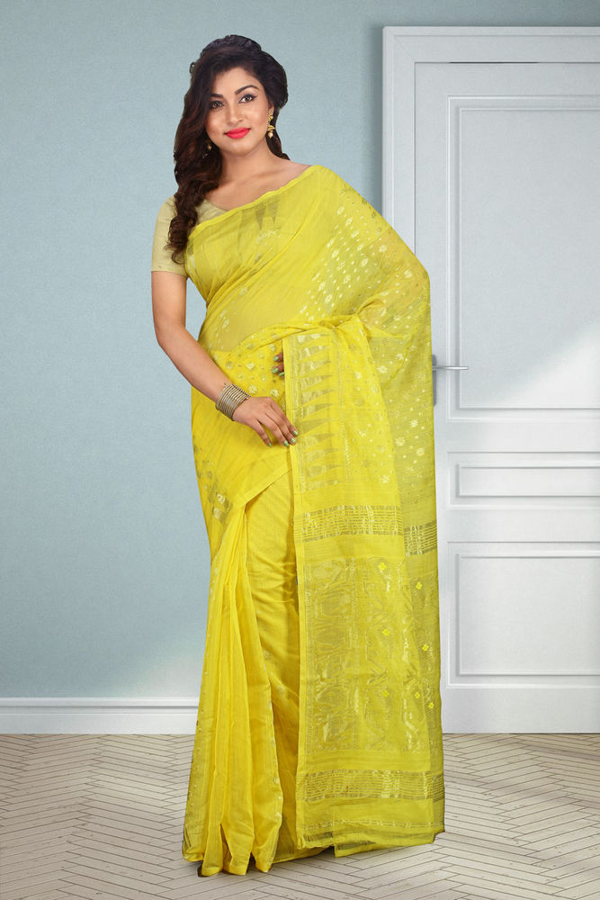 Buymyethnic Embroidered Jamdani Handloom Silk Cotton Blend Saree (Yellow)