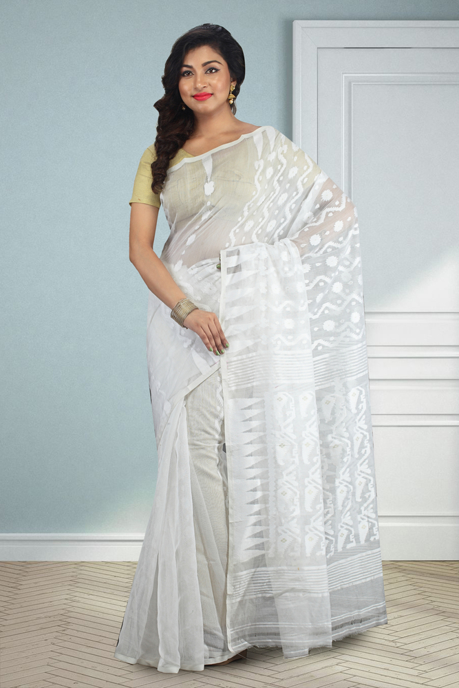 White Buymyethnic Embroidered Jamdani Handloom Silk Cotton Blend Saree (White)