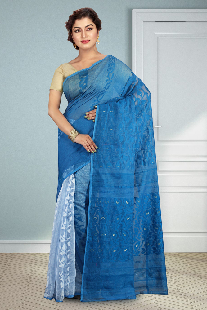 Blue Buymyethnic Embroidered Jamdani Handloom Silk Cotton Blend Saree (Blue)