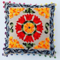 Uzbek Suzani Embroidered Pillow Indian Vintage Cushion Cover 16X16