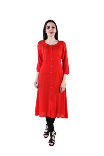Designer Long Red Kurti - 100% Cotton, 3/4th Sleeves, Regular Fit | Eco-Friendly, Breathable, Perfect for Daily Wear