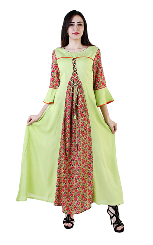 Designer Kurti for Women - Cotton, Available in Sizes S-XXL, Elegant Green with Check Lining Pattern, 3/4 Sleeve, Perfect for Casual and Ethnic Wear