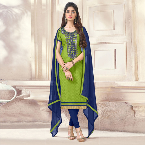 Chanderi Embroidered Unstitched Straight Suit - Jacquard Material, Free Size Up to Chest 42 | Elegant Blue and Green with Matching Nazneen Dupatta and Cotton Bottom