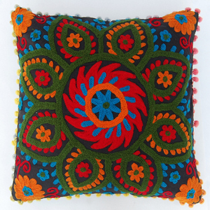Suzani Embroidered Pillows Indian Pom Pom Cushion Cover-16X16-Decorative