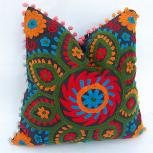 Suzani Embroidered Pillows Indian Pom Pom Cushion Cover-16X16-Decorative