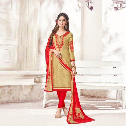 Cotton Jacquard Embroidered Unstitched Straight Suit - Free Size Up to Chest 42, Yellow and Red with Matching Nazneen Dupatta & Tie Dye Print