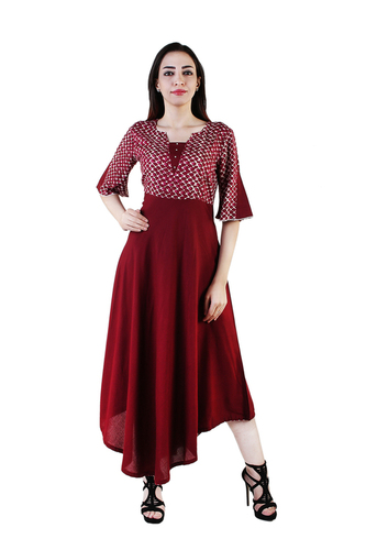 Designer Kurti - Cotton Blend, Sizes S-XXL, Red Printed 3-4th Sleeve | Casual, Daily Wear, Formal, Party Wear