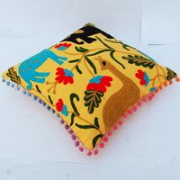 Pom- Pom Suzani Pillow Cover Indian Cushion Cover Embroidered