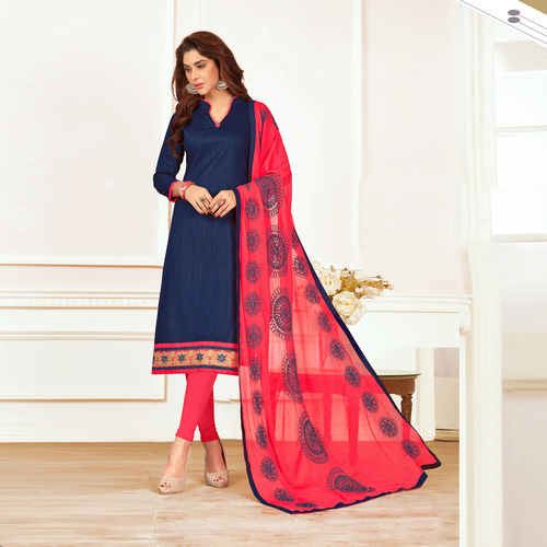 Blue Slub Cotton Embroidered Straight Dress Material