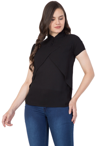 Mythya Womens Solid Short Sleeved Top - Cotton Blend, Size 36-42, Black Color - Elegant Plain Design with Loop Buttons Closure