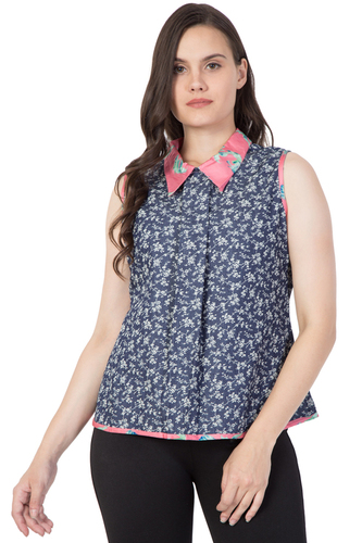 Mythya Womens Denim Floral Printed Top - Denim Fabric, Size 36-42, Blue Color, Length 24-26 inches | Attractive Floral Print Design, Sleeveless Style