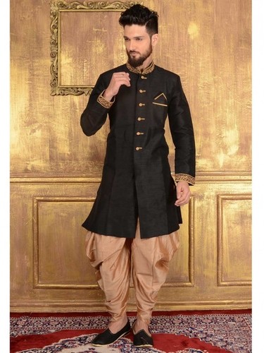 Sherwani - Black Silk Printed Dhoti Sherwani | Traditional Style Customizable Dry Clean Only Ideal for Ceremonies