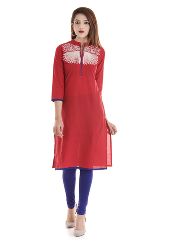 Latest Designer Cotton Kurti - 100% Light Cotton, Sizes S-XXL, Red with All-Over Block Print | Eco-Friendly, Breathable, 3/4th Sleeves, Perfect for Summer
