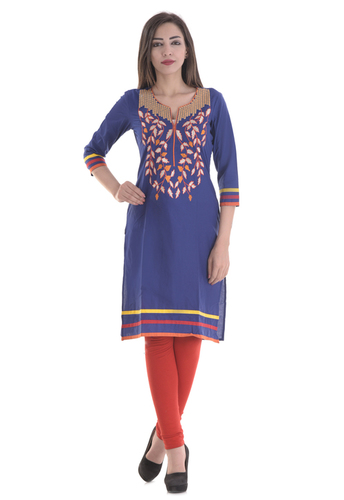 Ladies Cotton Fancy Kurti - 100% Cotton, Medium to XXL Sizes, Blue Color , Eco-Friendly, 3/4th Sleeves, Printed Check Lining Design, Daily Wear Ethnic Style