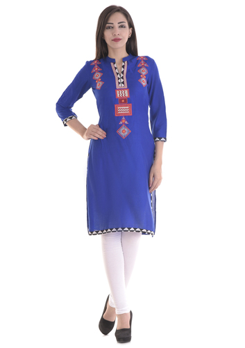 Ladies Embroidered Kurti - 100% Cotton, Size S-XXL, Blue Color, 3/4th Sleeves | Breathable, Eco-Friendly, Ideal for Year-Round Wear