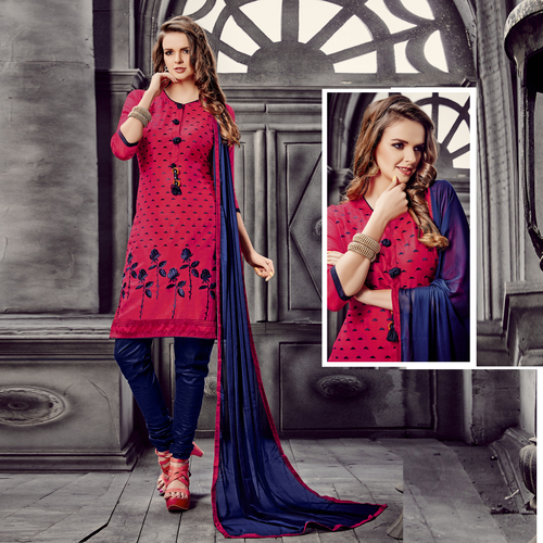 Glaze Cotton Embroidered Straight Suit Dress Material - Free Size, Red & Blue | Breathable, Washable, Includes Matching Chiffon Dupatta