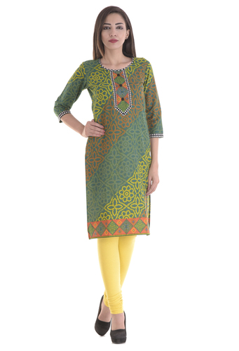 Ladies Jaipur Printed Kurti - 100% Cotton, Size M, L, XL, XXL, Color: Blue | Eco-Friendly, Light Weight, 3/4th Sleeve, Designer Neck, Daily Wear
