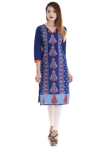 Ladies Designer Printed Cotton Kurti - 100% Cotton, Available in S, M, L, XL, XXL, Color: Blue, 3/4th Sleeves, Eco-Friendly, Casual to Formal Wear