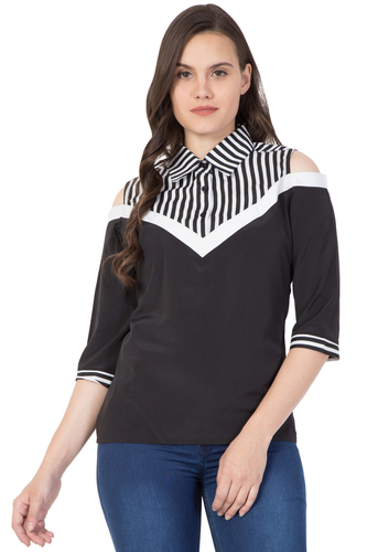 American Crepe Cold Shoulder Top - Size 36-42 | Black and White Striped Pattern 24-26 Inch Length Casual Style Top