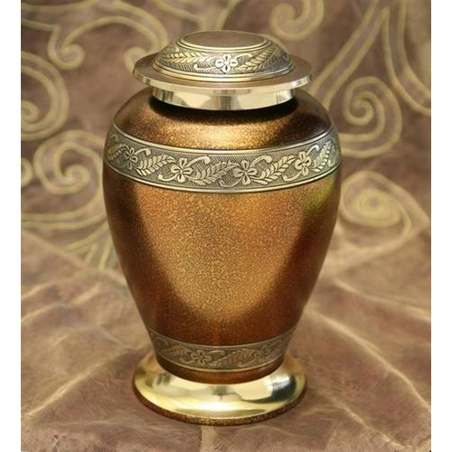 Brass Gold Cremation Urn - 8.3x5.3 Inches | Polished Gold Finish, European Religious Theme, Footed Pedestal