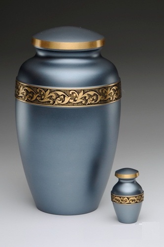 Indigo Cremation Urn - 10.3x8 Inches, Polished Brass Metal, Religious Theme