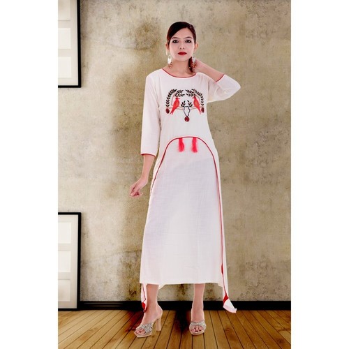 Long Kurti - Cotton, 3-4th Sleeve, Ethnic Style | White Printed Fabric, Breathable, Quick Dry, Party Wear, Casual and Formal