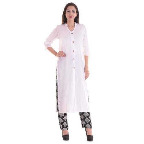 Ladies Designer Long Cotton Kurti - 100% Cotton, Sizes S-XXL, Color White | Eco-Friendly, Printed Design, 3/4th Sleeves, Comfortable Daily Wear