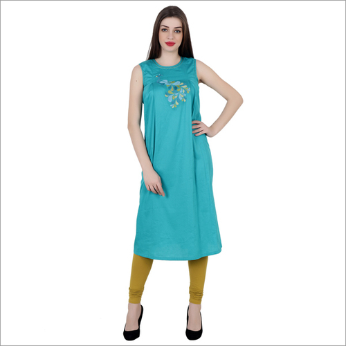 Cotton Satin Sleeveless Long Kurti