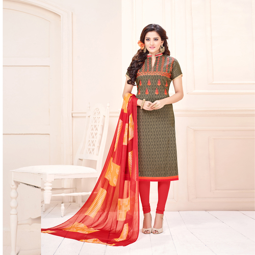 Cotton Jacquard Embroidered Straight Suit - Free Size, Green & Red with Matching Printed Hiffon Dupatta, Full Sleeves, Anti-Wrinkle & Breathable, Perfect for Spring & Summer Occasions