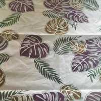 Printed Brasso Fabric - Lightweight Polyester Blend, Customizable Size & Width, Multicolor Leafy Print In Purple, Green, Yellow & Beige, Soft Texture, Non-stretchable