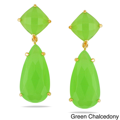 Green Chalcedony Prong Set Gemstone Drop Set Earring - Gold Plated Earrings For Women