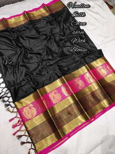 Cotton Silk Handloom Designer Saree - 6.3 Mtr Length With Blouse, Black Woven Pattern With Zari Work