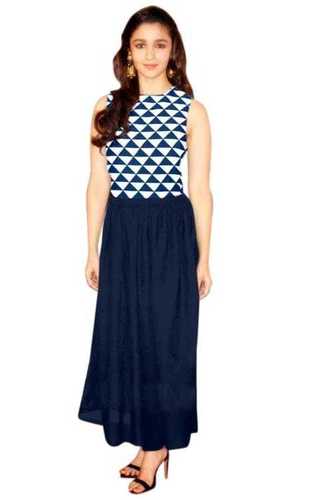 Blue Gown - Crepe, 52-53 Inch Length, Sleeveless, Available in Sizes S to XXL | All Season Wear, Printed Pattern, No Fade, Washable