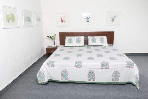 White Block Print Cotton Bedsheets