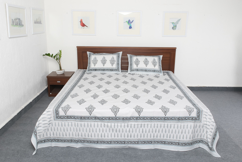 White Printed Hand Block Bedsheets