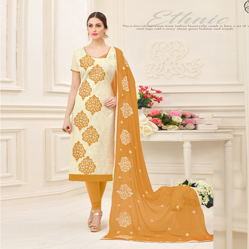 Cotton Jacquard Unstitched Straight Suit - Free Size, Cream and Yellow with Embroidered Nazmeen Dupatta, Full Sleeves, Breathable and Washable